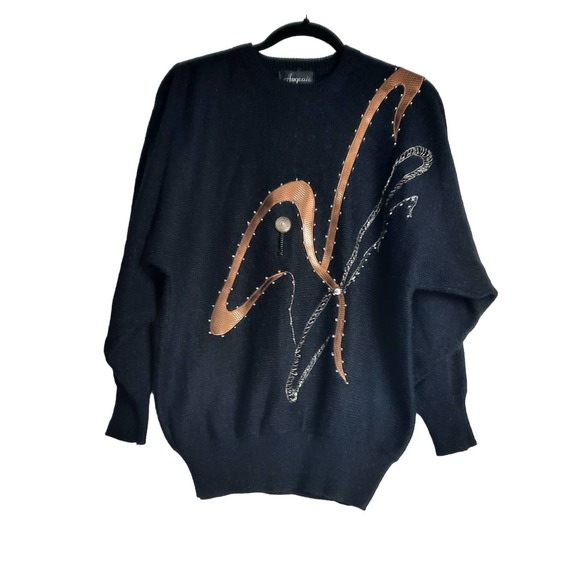 Angenie Women's Black Pullover Knit‎ Graphic Jeweled Sweater L - Picture 1 of 5